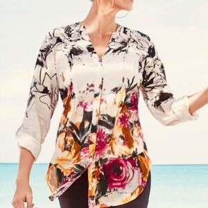 Soft Surroundings Champ De Fleurs Button Down Roll Up Sleeves Blouse